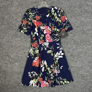 JH Womens Fit And Flare Dress Size 4 Blue Floral Short Sleeve Preppy Spring